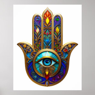 Gold Colorful Hamsa Turquoise Sapphire Third Eye  Poster