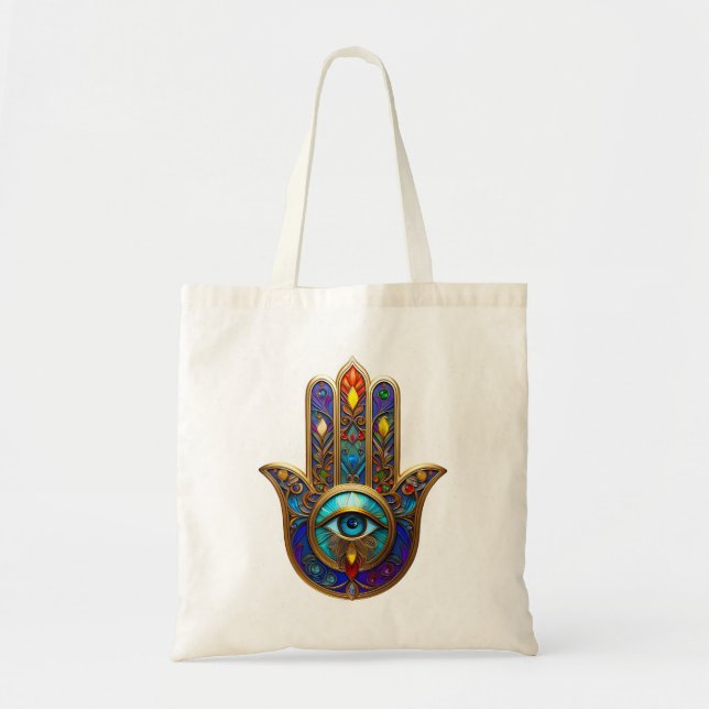 Gold Colorful Hamsa Turquoise Sapphire Third Eye  Tote Bag (Front)