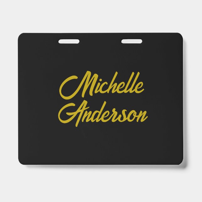 Gold Colour Black Modern Minimalist Handwrite Name Badge (Front)
