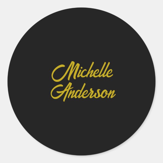 Gold Colour Black Modern Minimalist Handwrite Name Classic Round Sticker (Front)