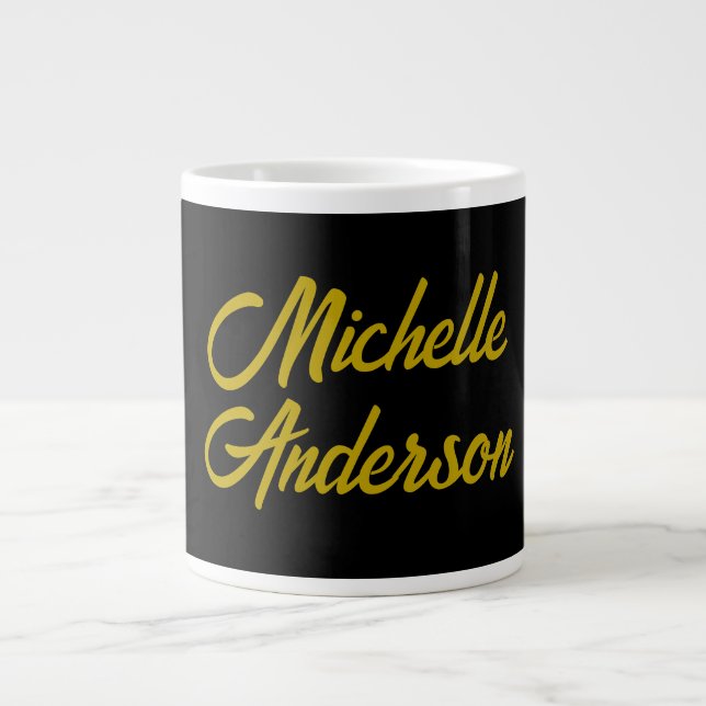Gold Colour Black Modern Minimalist Handwrite Name Large Coffee Mug (Front)
