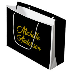 Gold Colour Black Modern Minimalist Handwrite Name Large Gift Bag