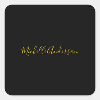 Gold Colour Black Modern Minimalist Handwrite Name Square Sticker