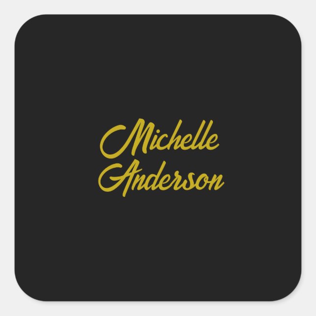 Gold Colour Black Modern Minimalist Handwrite Name Square Sticker (Front)