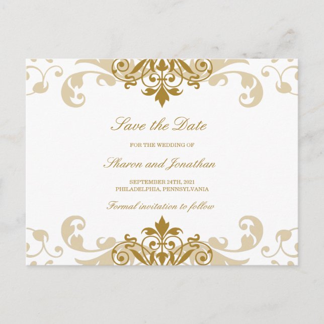 Gold Colour Elegant Ironworks Wedding Save the Dat Announcement Postcard (Front)