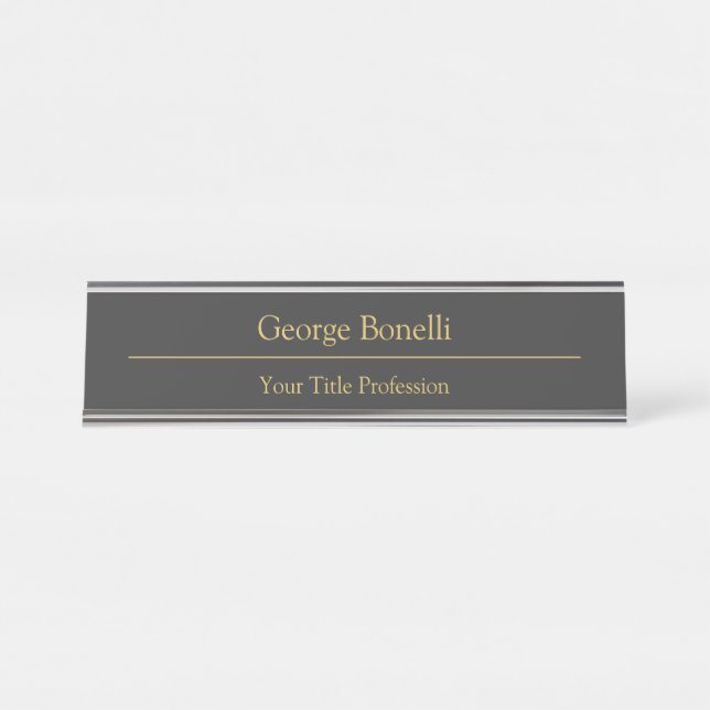 Gold Colour Grey Classical Personal Customize Chic Desk Name Plate (Front)