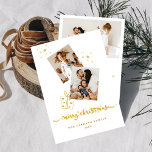 Gold Colour Merry Christmas Photo Collage Holiday Card<br><div class="desc">A 3-photo collage with Merry Christmas in gold and scattered stars.  Easily customize your photos and name on the front and back to make it your own.</div>