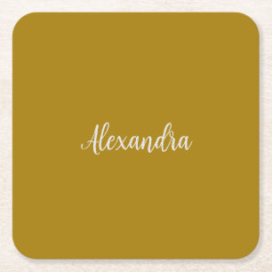 Gold Colour Minimalist Plain Add Name Calligraphy Square Paper Coaster