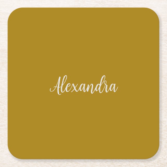 Gold Colour Minimalist Plain Add Name Calligraphy  Square Paper Coaster (Front)