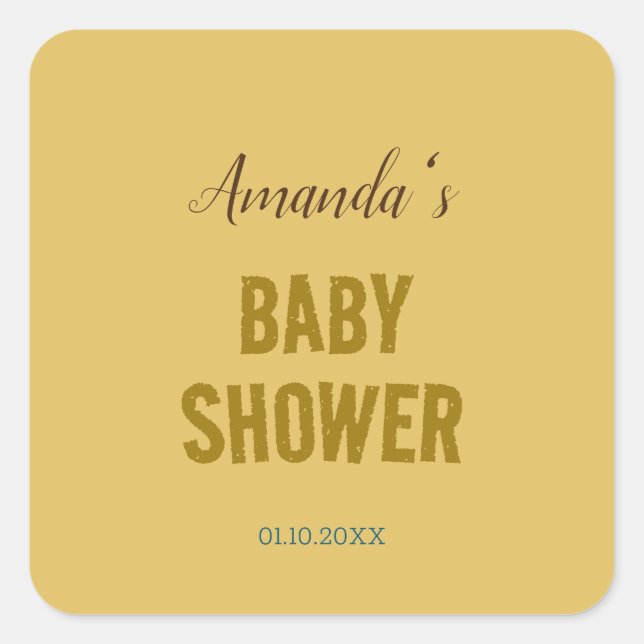 Gold Colour Modern Minimalist Baby Shower Square Sticker (Front)