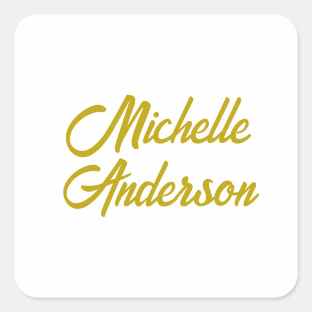 Gold Colour Modern Minimalist Handwrite Name Square Sticker (Front)