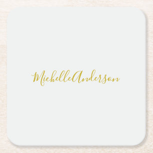 Gold Colour Modern Minimalist Handwriting Name Square Paper Coaster