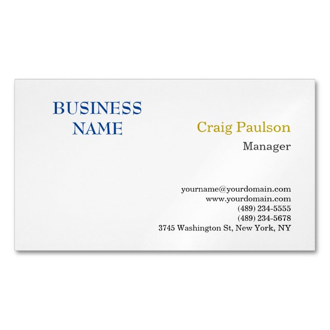 Gold Colour Name Blue White Minimalist Modern Magnetic Business Card (Front)