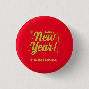 Gold Colour Red Happy New Year Merry Christmas 1 Inch Round Button