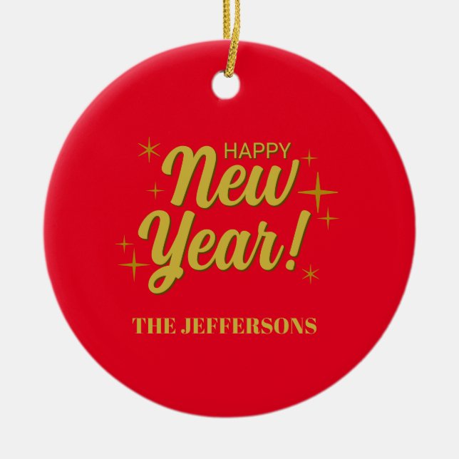 Gold Colour Red Happy New Year Merry Christmas Ceramic Ornament (Front)