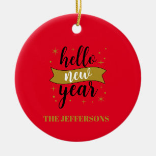 Gold Colour Red Happy New Year Merry Christmas Ceramic Ornament