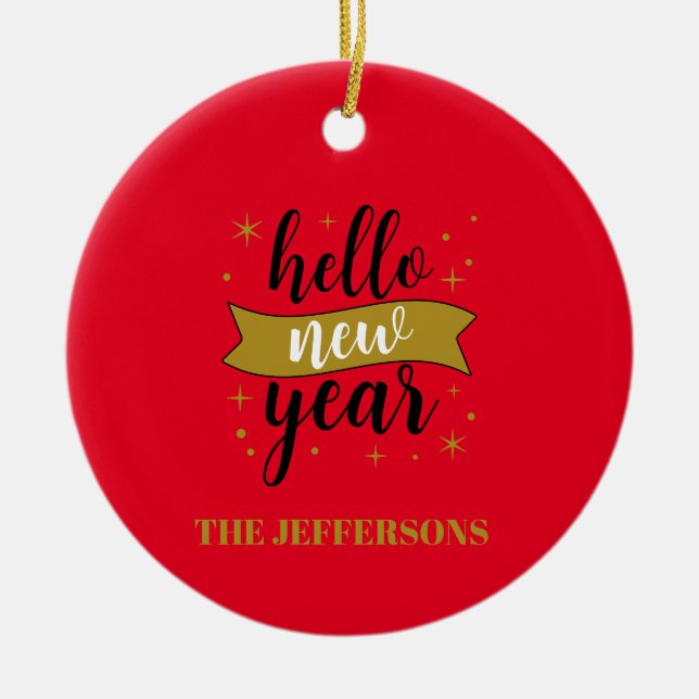 Gold Colour Red Happy New Year Merry Christmas Ceramic Ornament (Front)