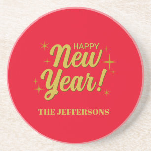 Gold Colour Red Happy New Year Merry Christmas Coaster