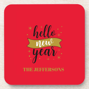 Gold Colour Red Happy New Year Merry Christmas Coaster