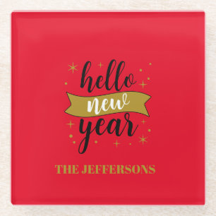 Gold Colour Red Happy New Year Merry Christmas Glass Coaster