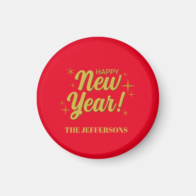 Gold Colour Red Happy New Year Merry Christmas Magnet (Front)