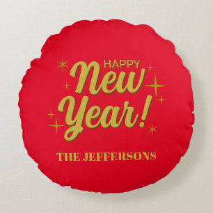 Gold Colour Red Happy New Year Merry Christmas Round Pillow