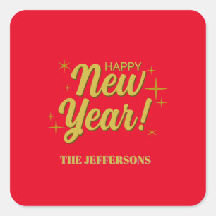 Gold Colour Red Happy New Year Merry Christmas Square Sticker
