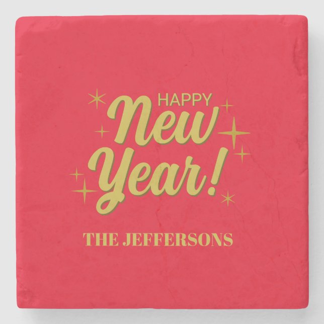 Gold Colour Red Happy New Year Merry Christmas Stone Coaster (Front)