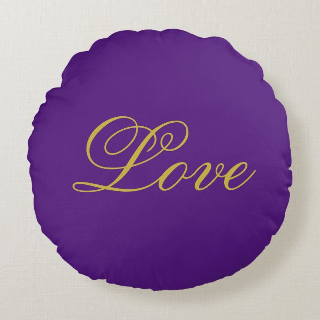 Gold Colour Script Love Purple Calligraphy Round Pillow (Front)