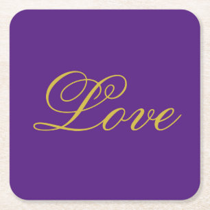 Gold Colour Script Love Purple Wedding Calligraphy Square Paper Coaster