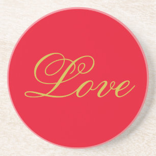 Gold Colour Script Red Love Wedding Calligraphy Coaster