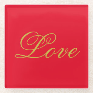 Gold Colour Script Red Love Wedding Calligraphy Glass Coaster