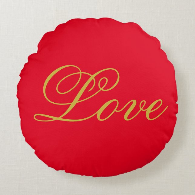 Gold Colour Script Red Love Wedding Calligraphy Round Pillow (Front)