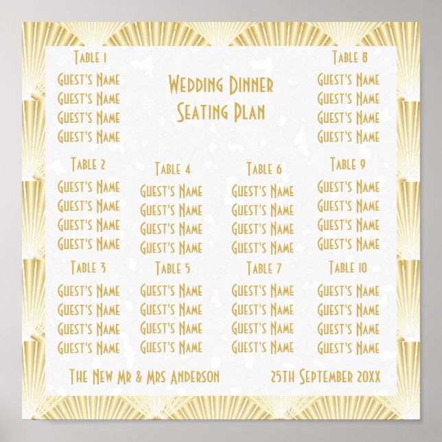 Gold Coloured Art Deco Design Wedding Seating Poster (Front)