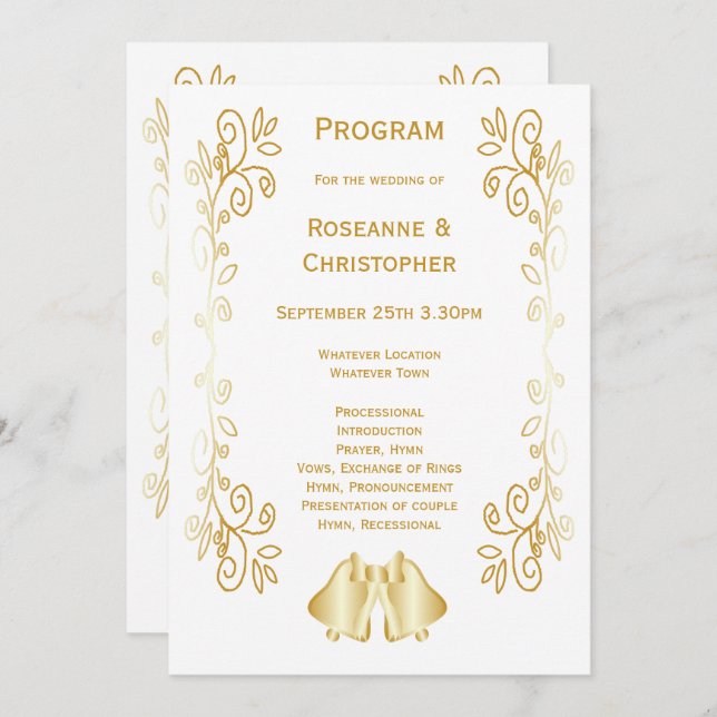 Gold Coloured Bells Design Wedding Program (Front/Back)