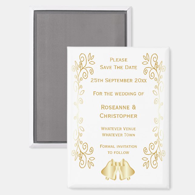 Gold Coloured Bells Design Wedding Save The Date Magnet (Front/Back)