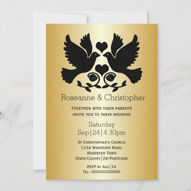 Gold Coloured Dove Personalised Wedding Invitation (Front)