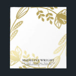 Gold Coloured Floral Wreath - Custom Name Notepad<br><div class="desc">Chic floral notepad in white and gold,  with a large floral wreath in a printed gold colour with your name and contact info.</div>