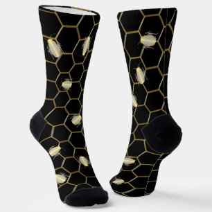 Gold Coloured Honey Bee Honeycomb Design Black Socks