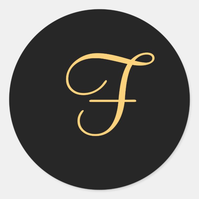 Gold-coloured initial "F" on black monogram sticke Classic Round Sticker (Front)