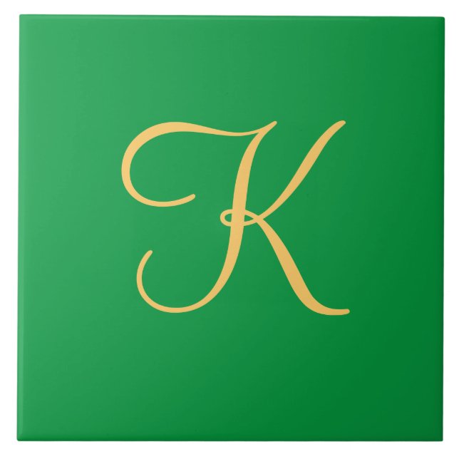 Gold-coloured initial K on solid green background Tile (Front)