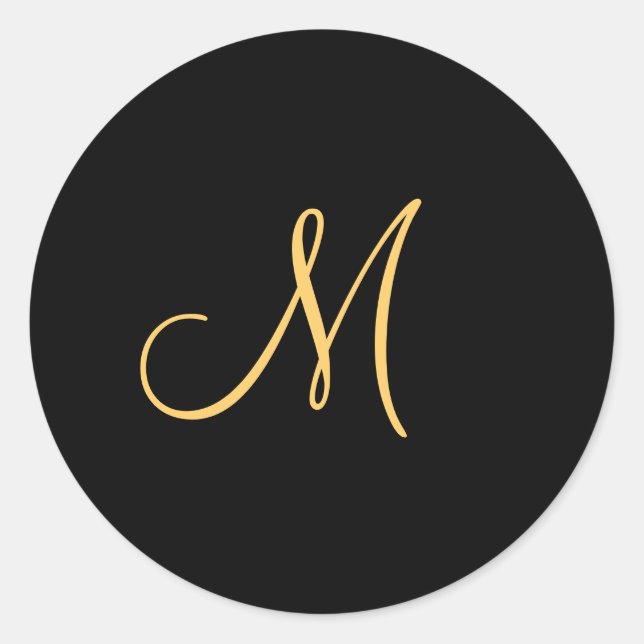 Gold-coloured initial M on black monogram  round Classic Round Sticker (Front)