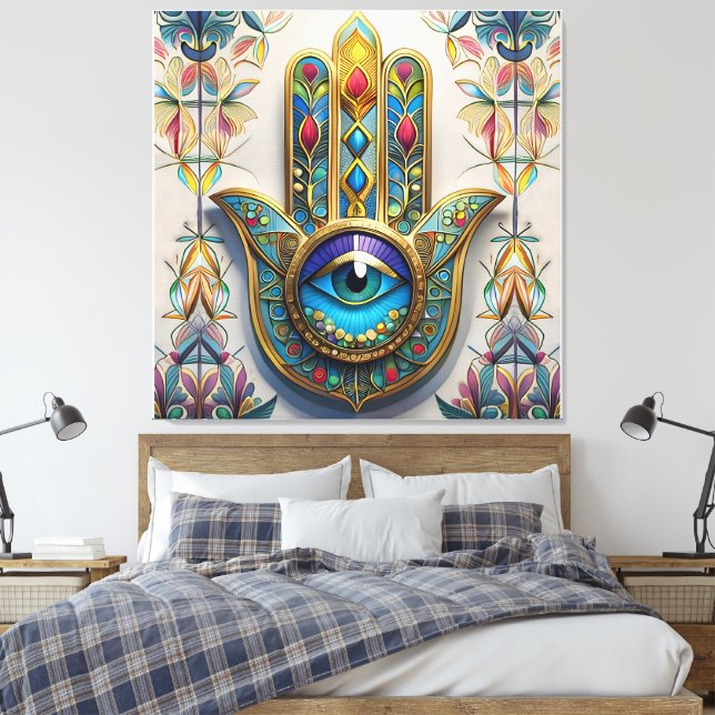 Gold Colourful Filigree Blue-Green Third Eye Hamsa Canvas Print (Insitu(Bedroom))