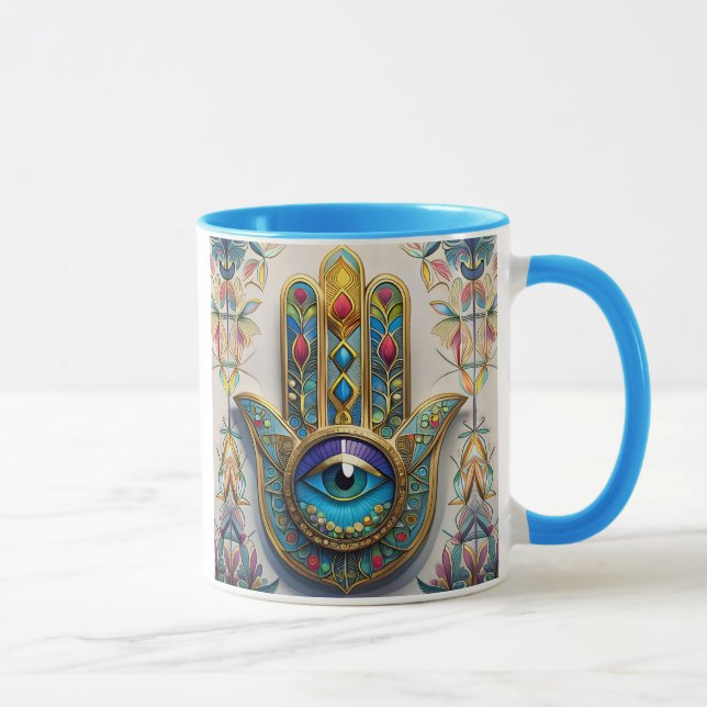 Gold Colourful Filigree Blue-Green Third Eye Hamsa Mug (Right)