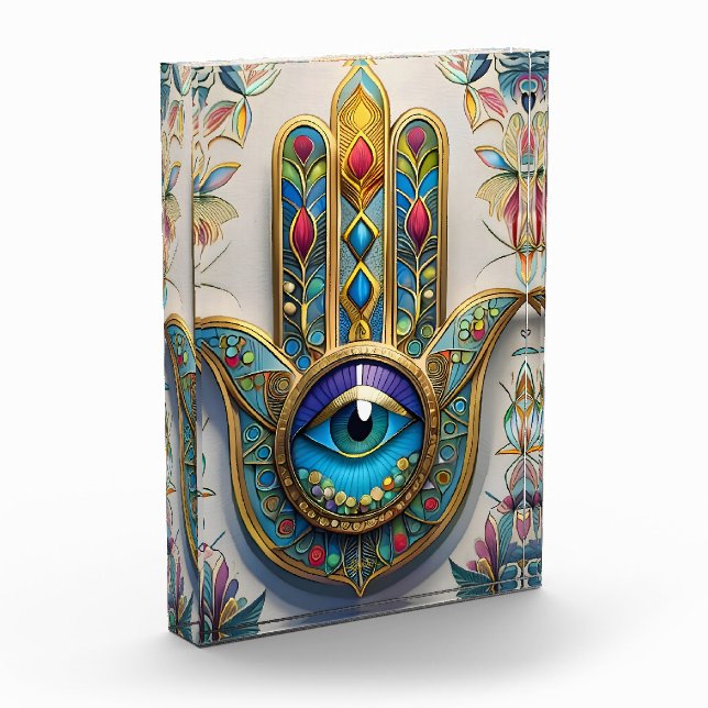 Gold Colourful Filigree Blue-Green Third Eye Hamsa Photo Block (Left)