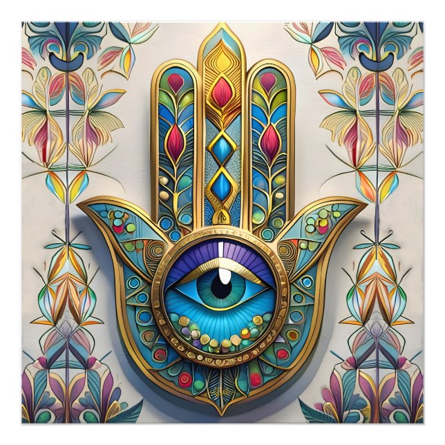 Gold Colourful Filigree Blue-Green Third Eye Hamsa Photo Print (Front)