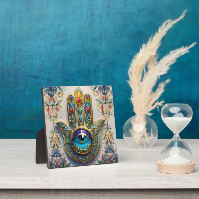 Gold Colourful Filigree Blue-Green Third Eye Hamsa Plaque (Insitu)