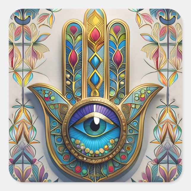 Gold Colourful Filigree Blue-Green Third Eye Hamsa Square Sticker (Front)