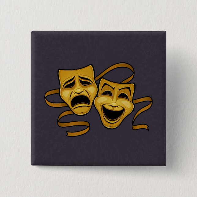 Gold Comedy And Tragedy Theatre Masks 2 Inch Square Button (Front)