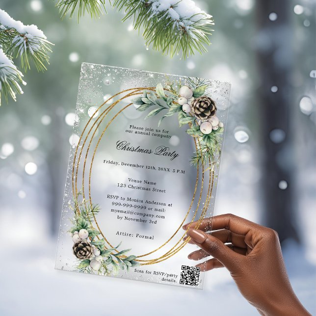Gold cone greenery QR code company Christmas Party Acrylic Invitations (Creator Uploaded)